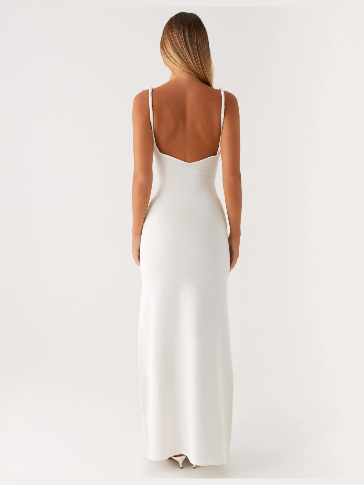 Ivory sheath maxi formal dress with low back, full-length back view