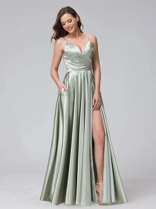 Sage satin v-neck A-line prom dress with side slit and thin straps, ankle length