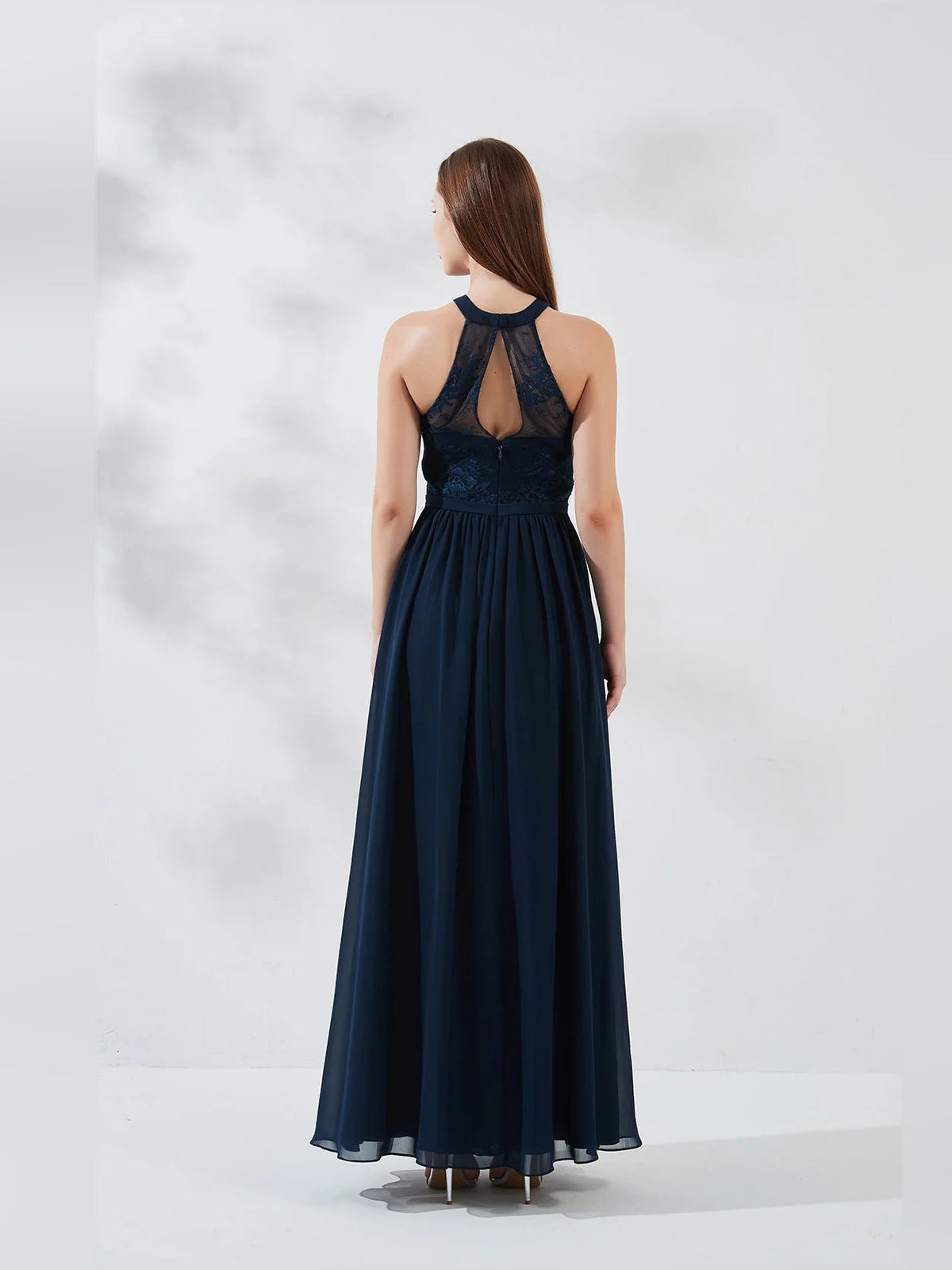 Dark navy halter A-line chiffon dress with floral bodice, open back detail and side slit