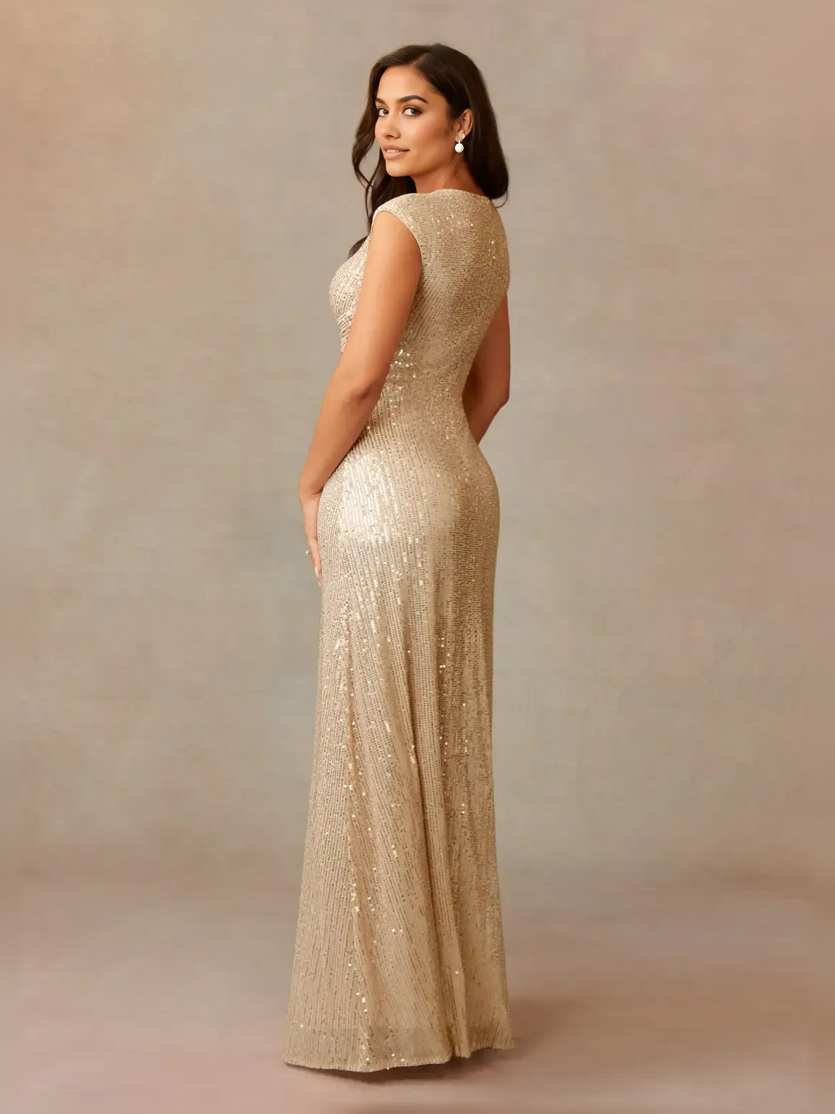 Champagne sleeveless sequin formal dress with V-neck, floor-length side view
