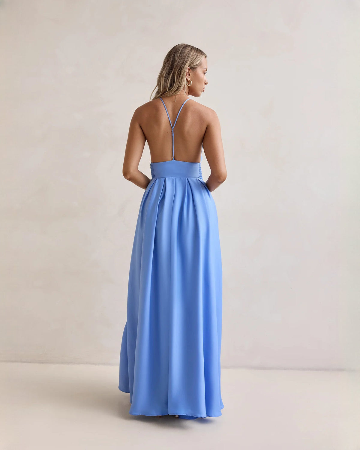 Periwinkle blue chiffon maxi dress, V-back with thin straps and flowing A-line skirt
