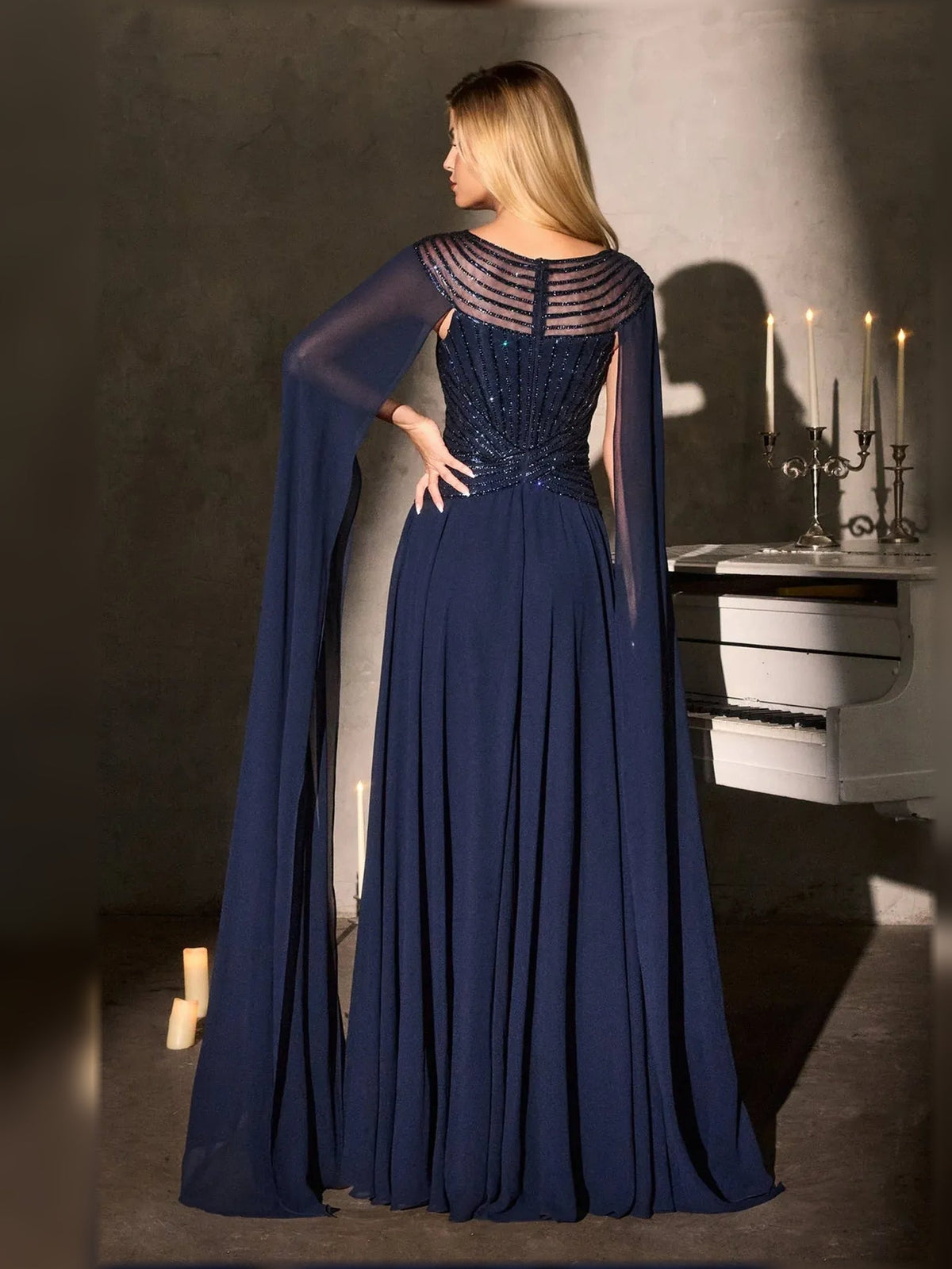 Navy chiffon A-line dress with beaded bateau neckline and full back coverage draped sleeves