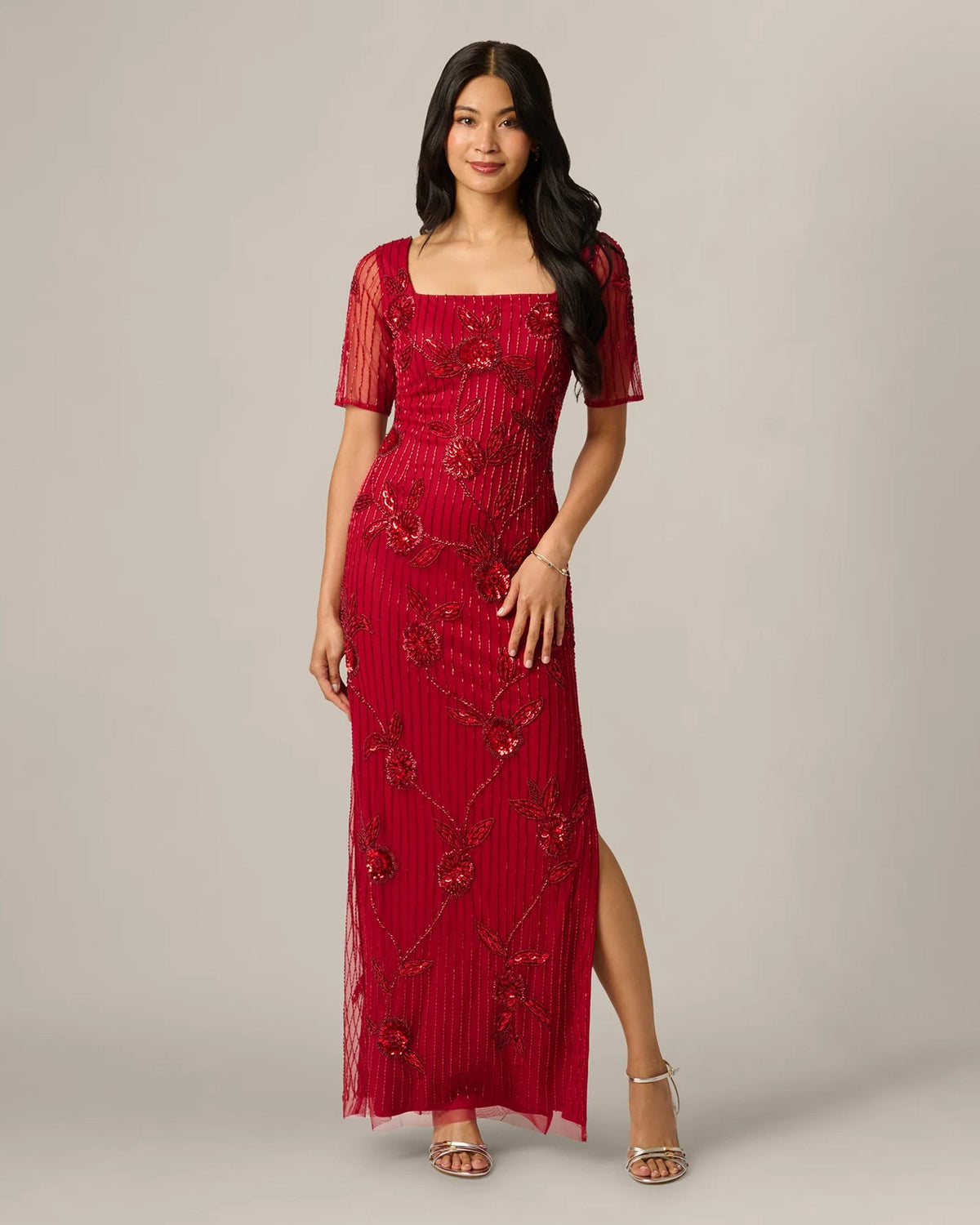 Cranberry floral sheath maxi dress with side slit, short sleeves and spaghetti straps