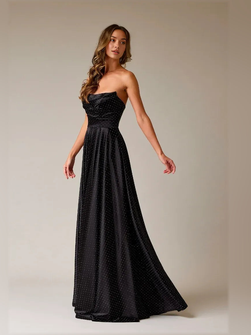 Black strapless A-line satin formal dress, sparkly dotted floor-length skirt