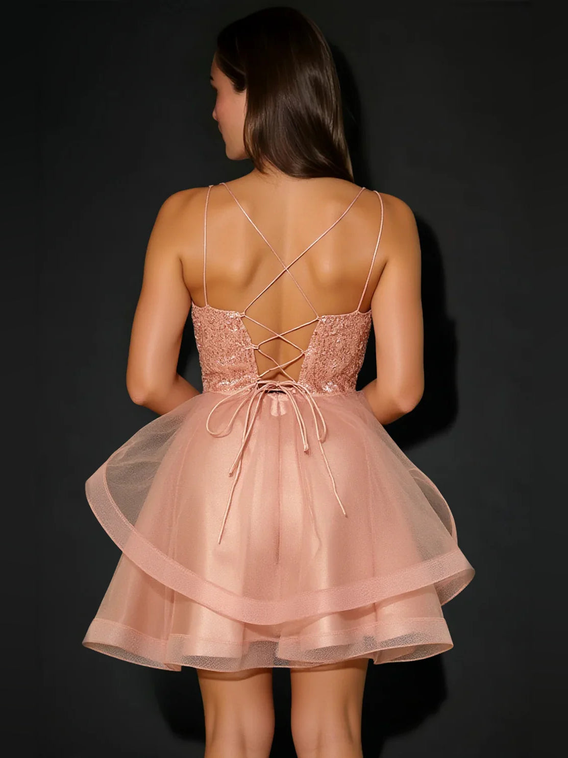 Pearl pink backless mini dress with crisscross spaghetti straps and layered tulle