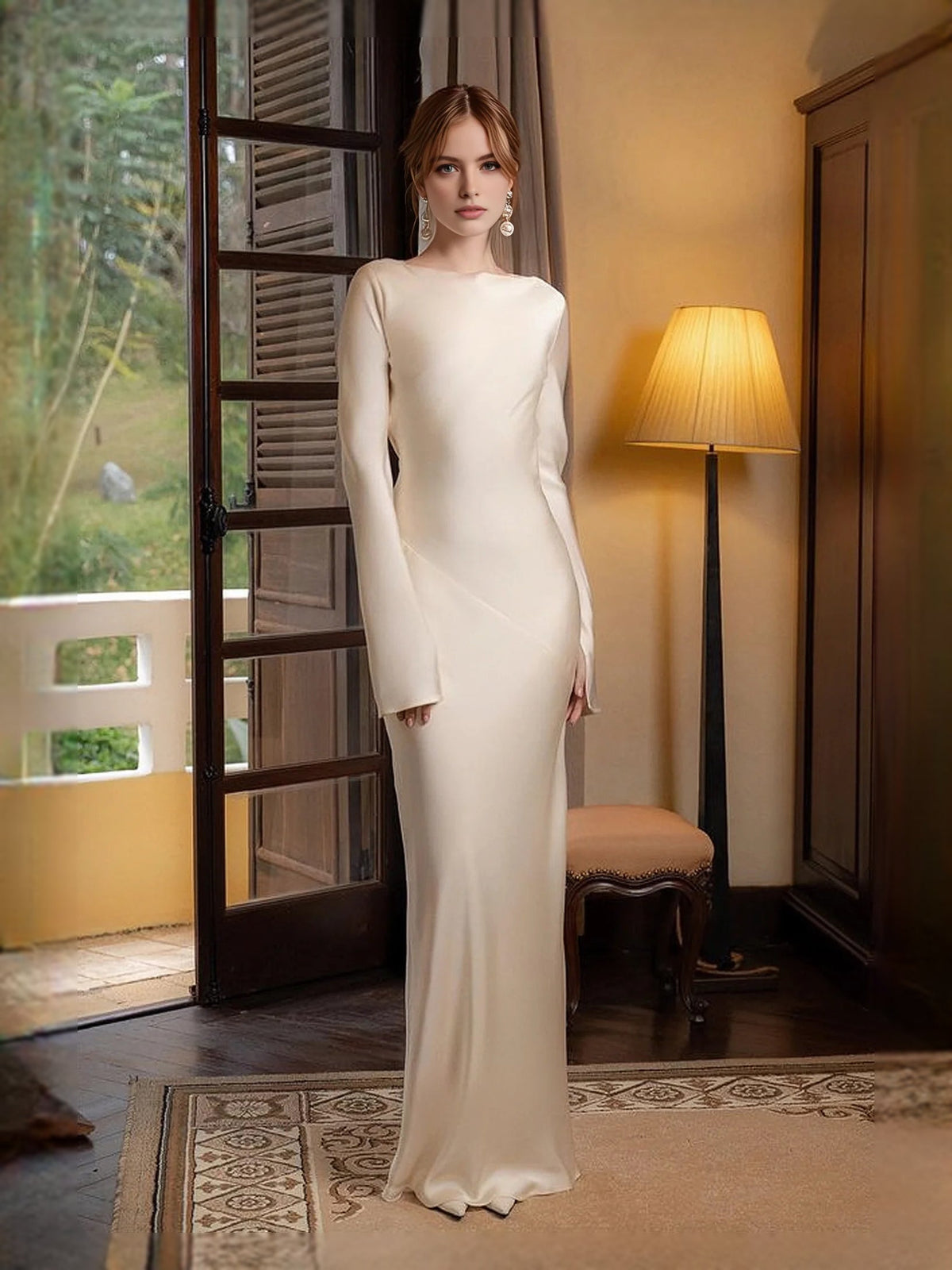 Ivory satin mermaid maxi prom dress with long sleeves and straight boat neckline
