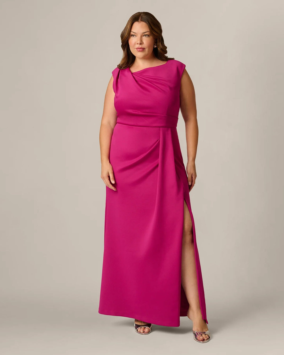Hot orchid sleeveless maxi dress with draped bodice and front leg slit