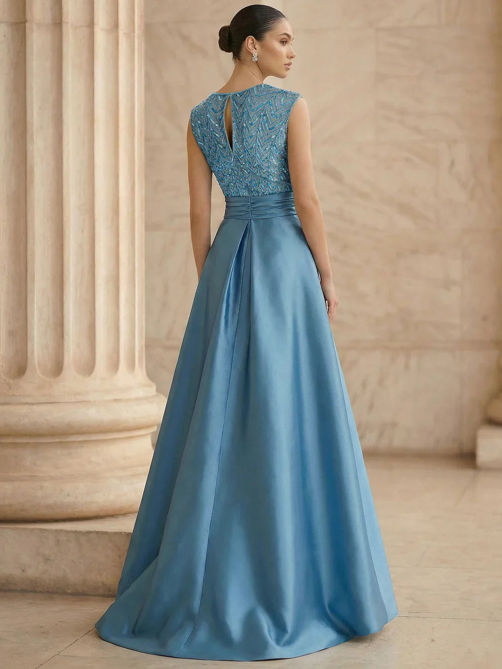 Dusty blue sleeveless sequin A-line formal dress with V-back detail and high slit