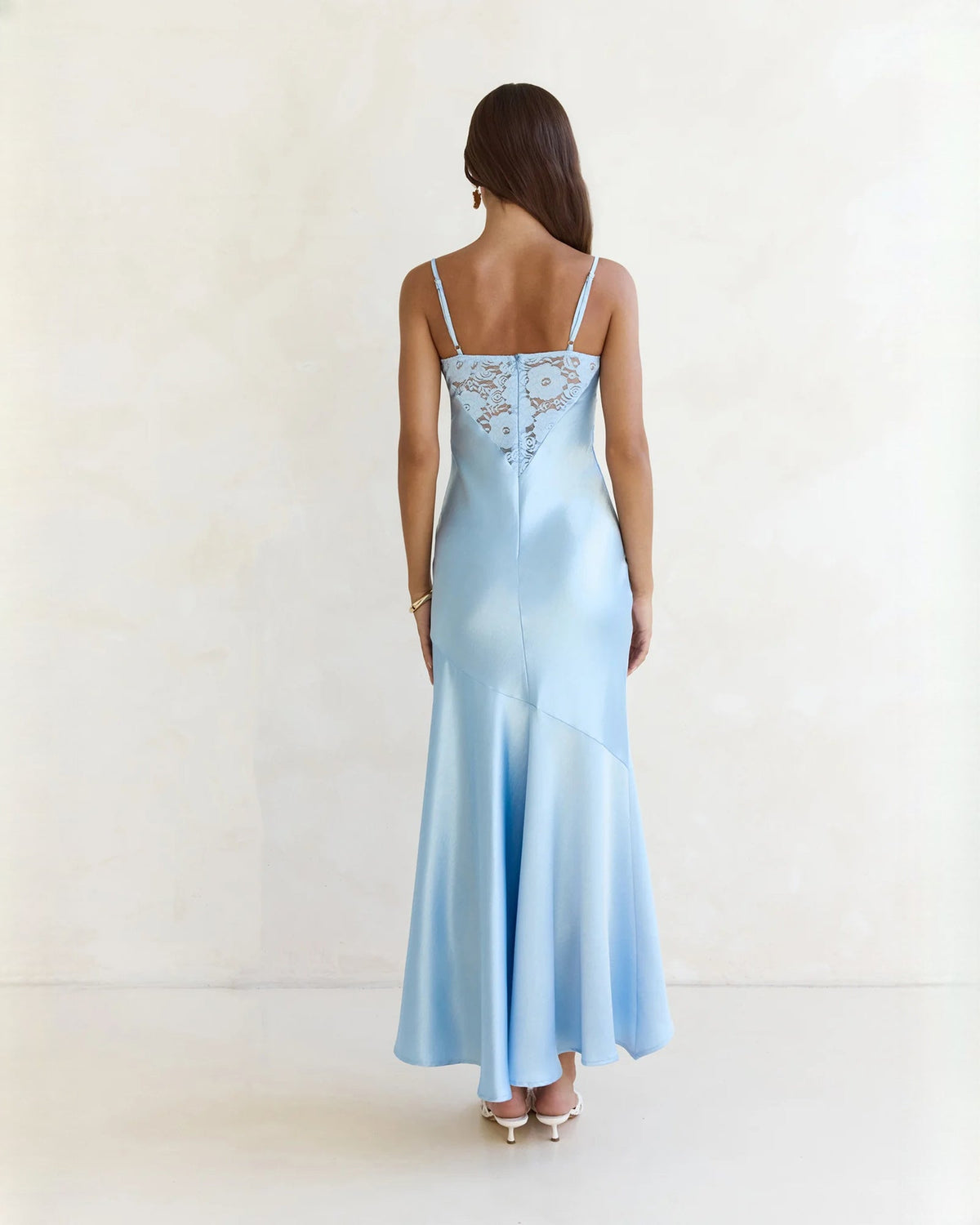 Light blue sleeveless A-line maxi dress, lace back panel and thin spaghetti straps