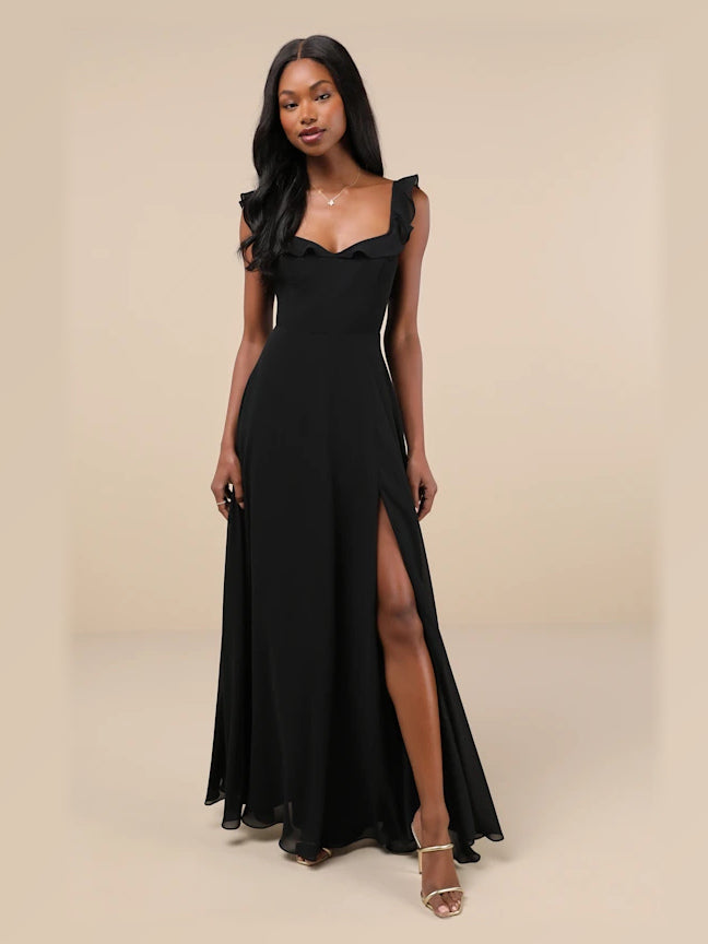 Black formal dress with a-line silhouette