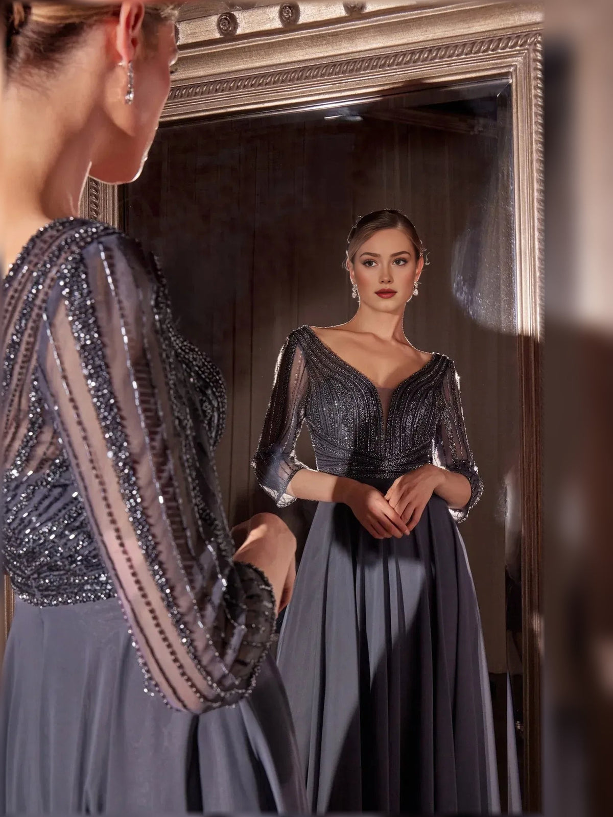 Wisteria V-neck chiffon A-line formal dress with silver beaded V-bodice, 3/4 sleeves