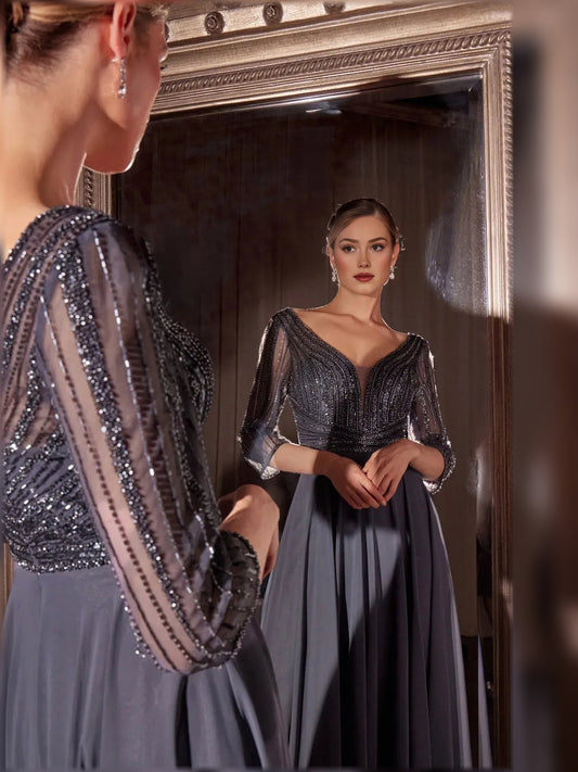Wisteria V-neck chiffon A-line formal dress with silver beaded V-bodice, 3/4 sleeves