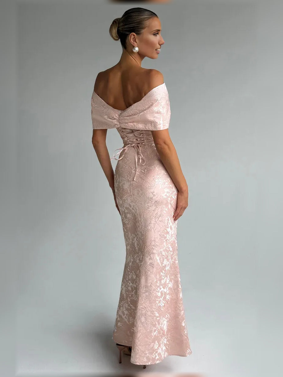 Peach off-the-shoulder corset mermaid floor-length formal dress, side view