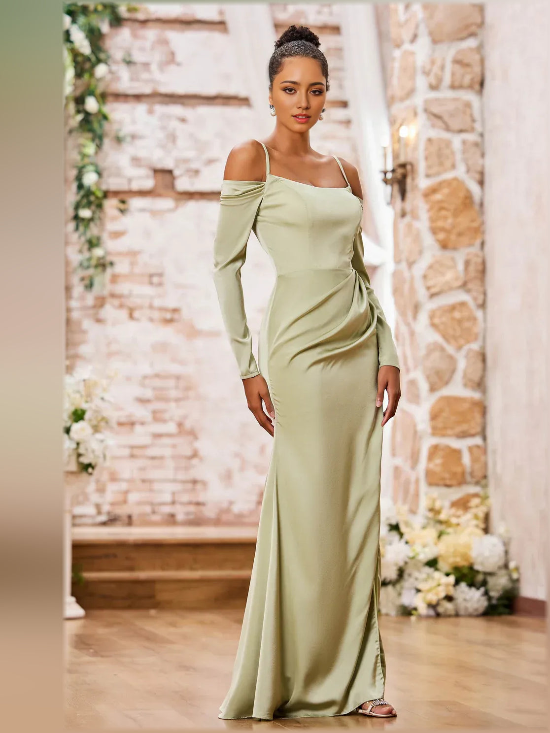 Sage green off-shoulder long-sleeve floor-length dress with ruching waist and slit