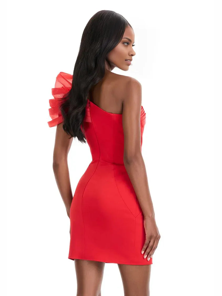 Red one-shoulder mini sheath dress, side view, with ruffled shoulder detail
