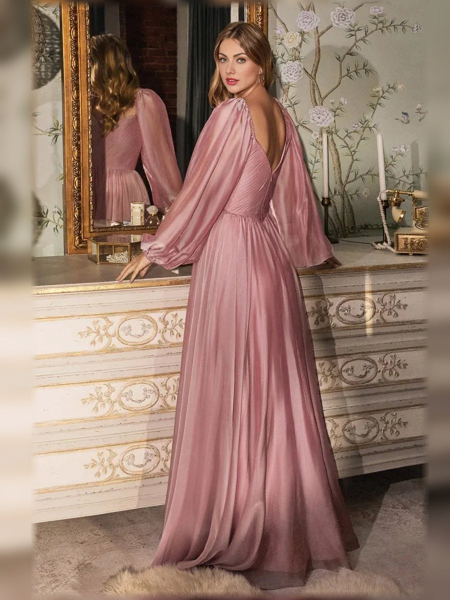 Dusty pink sweetheart formal dress, side view, long pleated skirt and puff sleeves