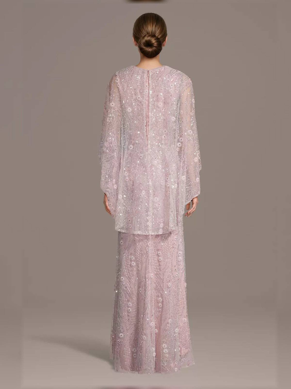 Pink beaded v-neck sheath dress with sheer long cape sleeves and open back design