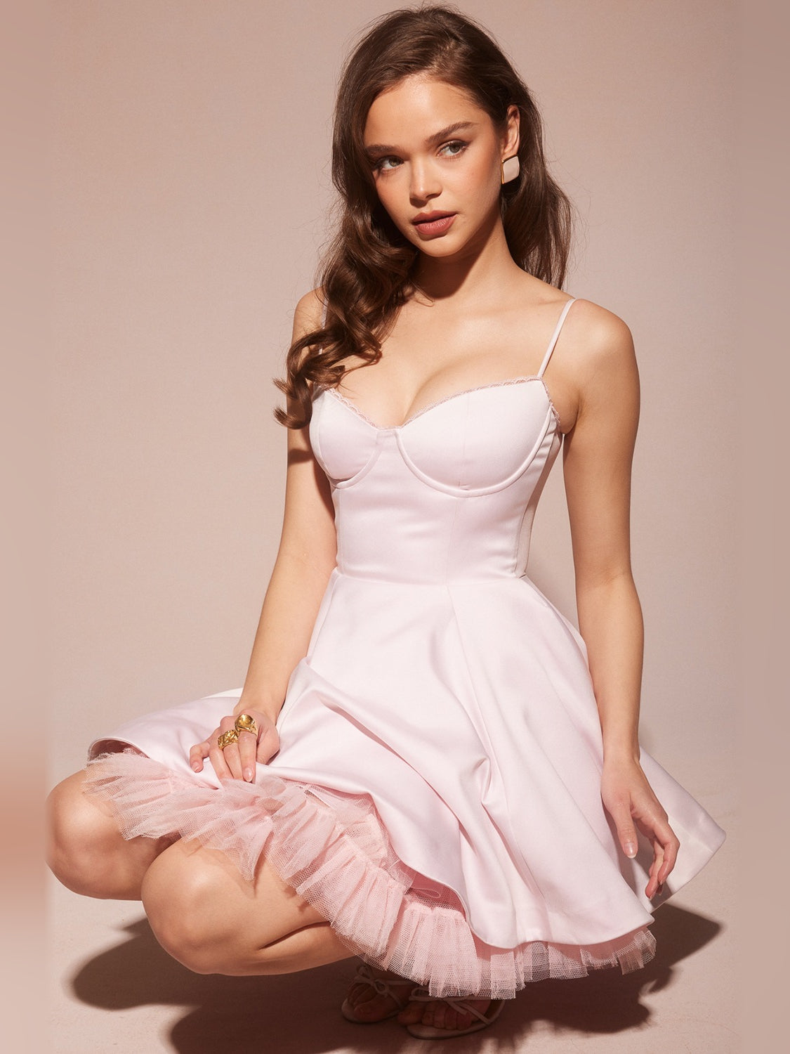 Pink mini dress, spaghetti straps and sweetheart bodice, layered tulle hem