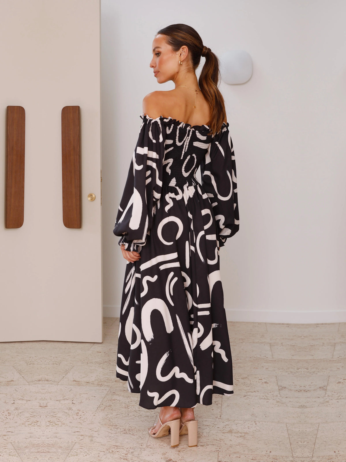 Black a-line maxi formal dress with skirt slit, alternate view