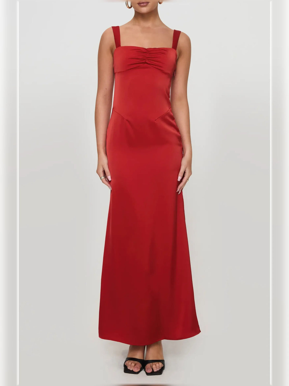 Red square-neck ruched slip midi dress, sleeveless with thin shoulder straps