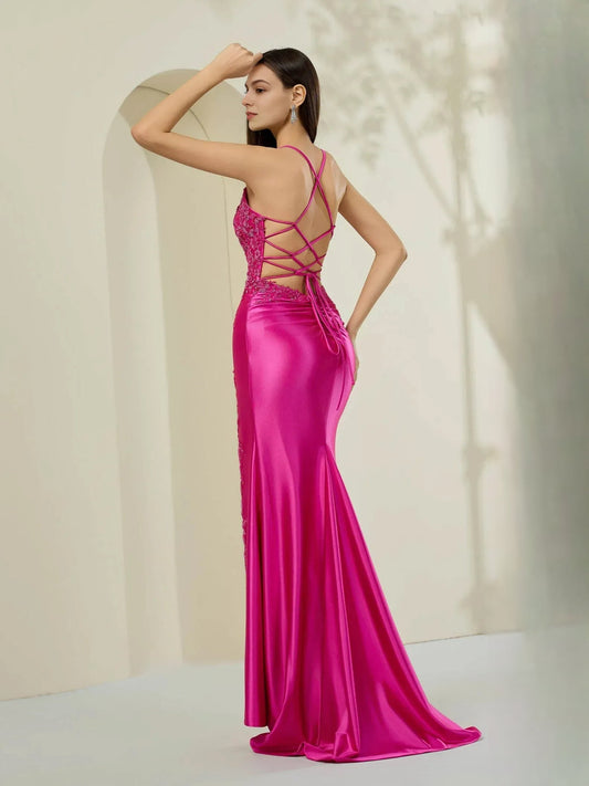 Fuchsia corset formal dress with open crisscross back and long floor-length skirt