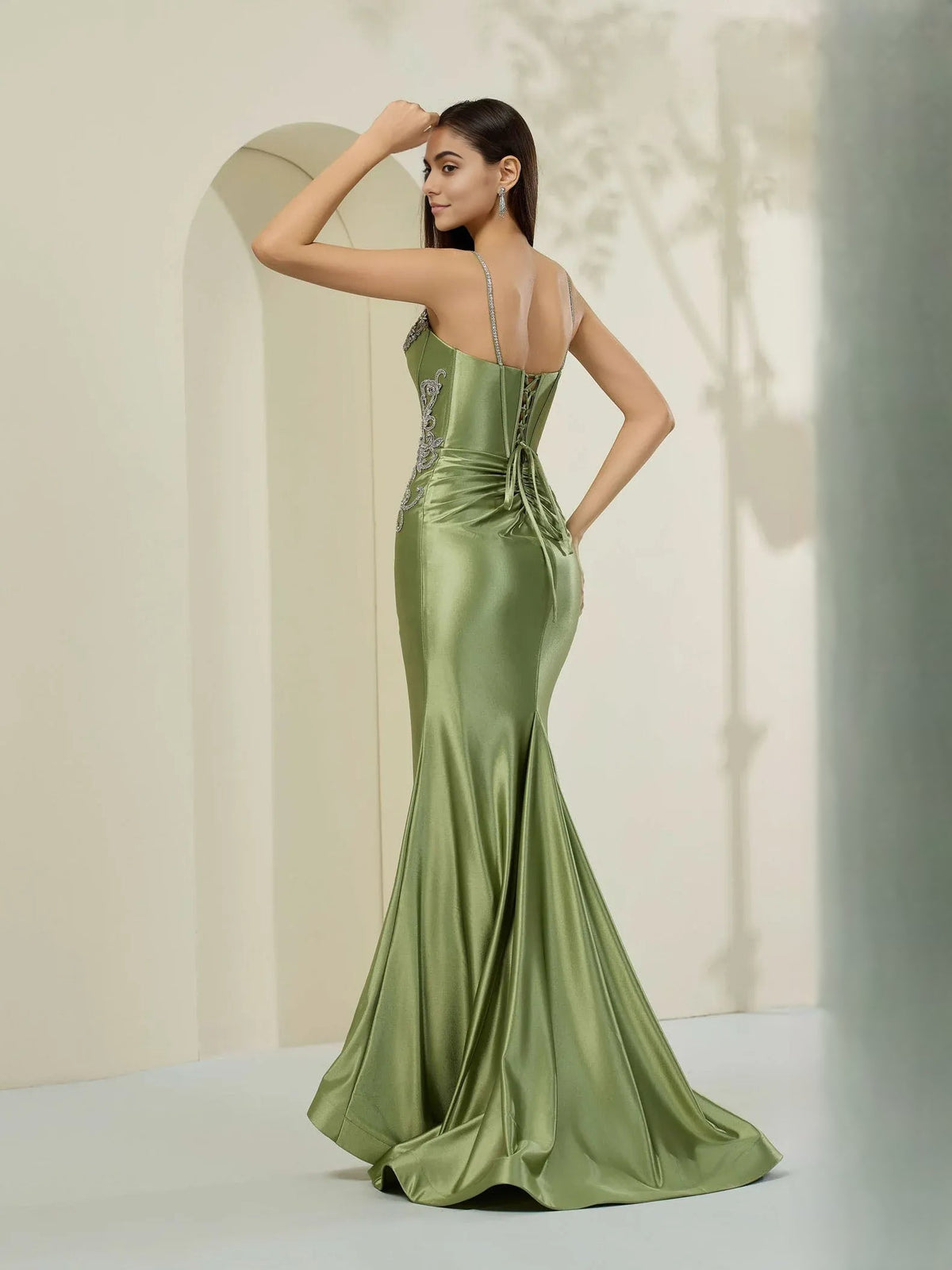 Dusty sage corset formal dress, draped back detail, beaded straps, floor-length mermaid