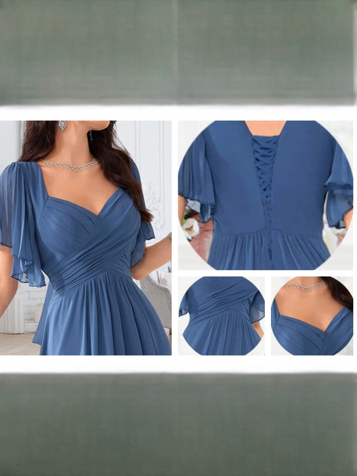 Dusty blue sweetheart A-line chiffon dress detail view with flutter sleeves
