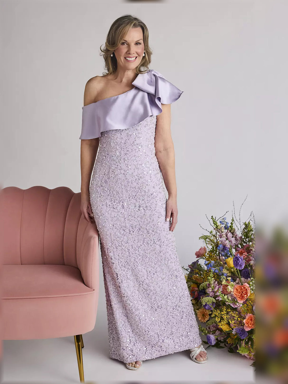 Lilac one-shoulder long sheath dress with ruffled shoulder and allover bead sparkle