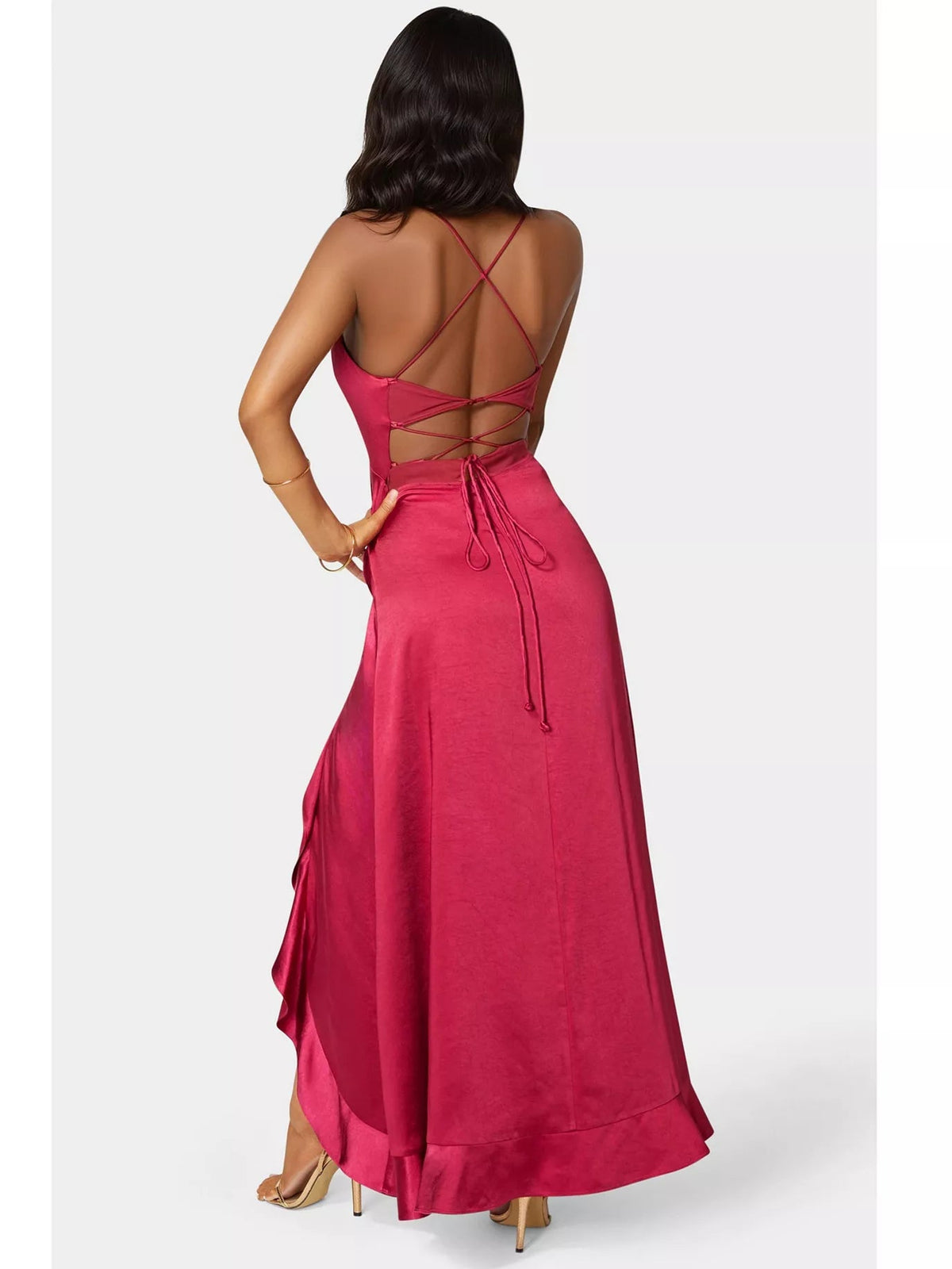 Raspberry open-back lace-up floor-length formal dress with crisscross straps