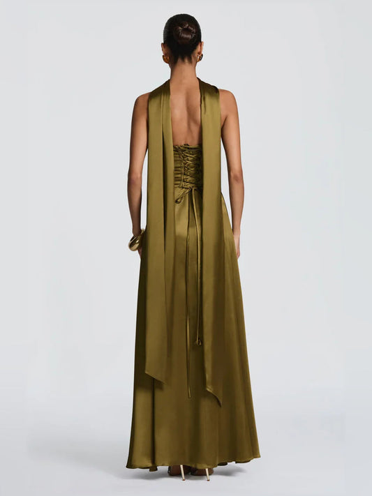 Olive corset A-line formal dress with open back, halter tie, and long flowing skirt