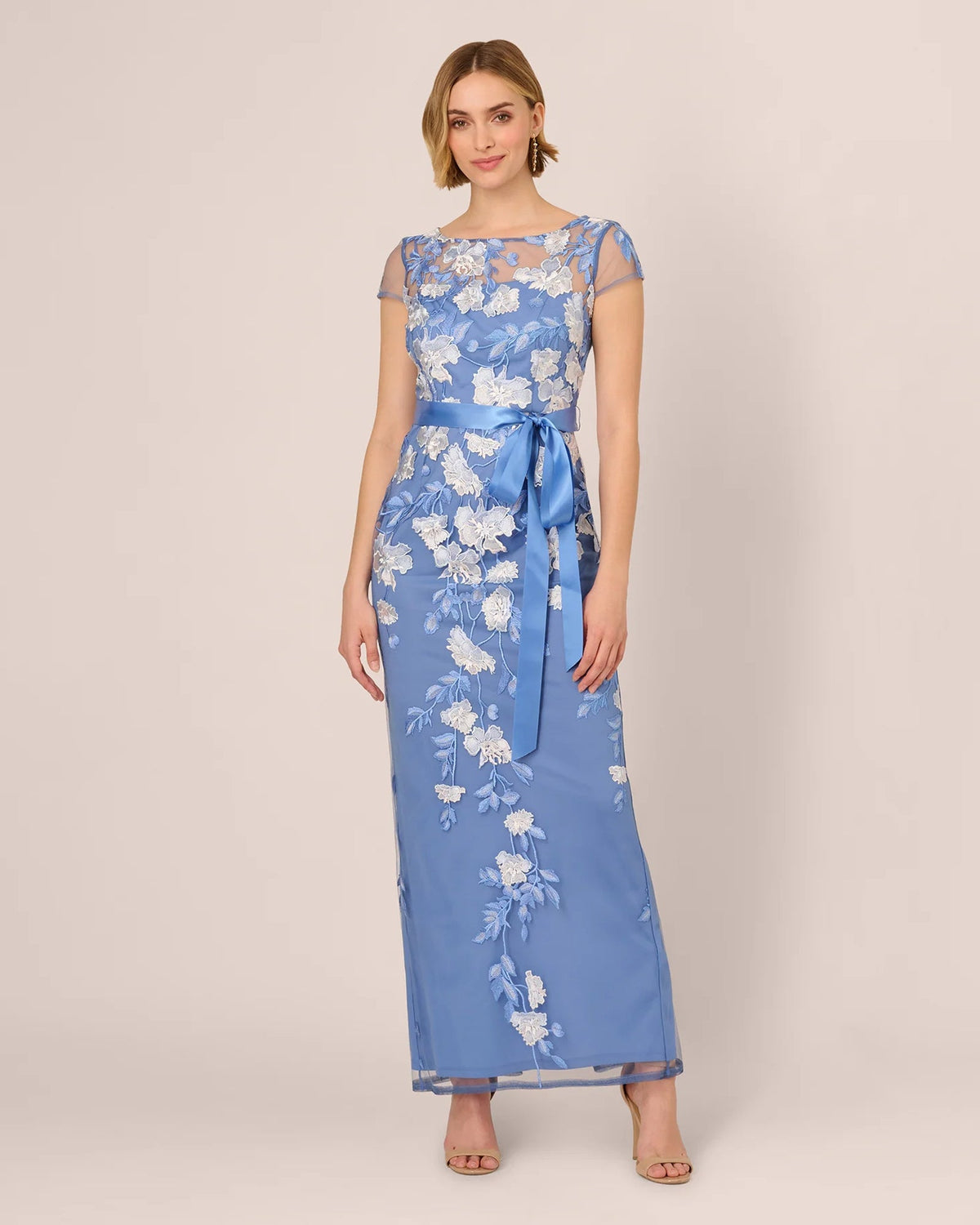 Blue floral short-sleeve A-line maxi dress with ribbon tie waist, full length view