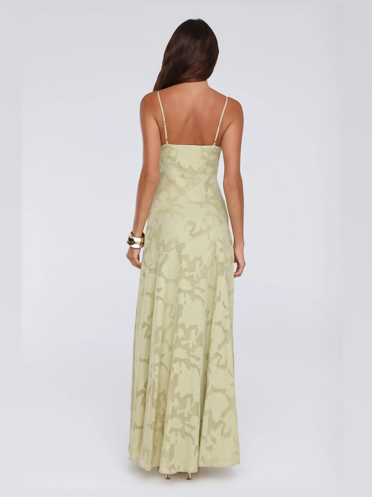 Sage maxi formal dress, back full-length view showing the bodice