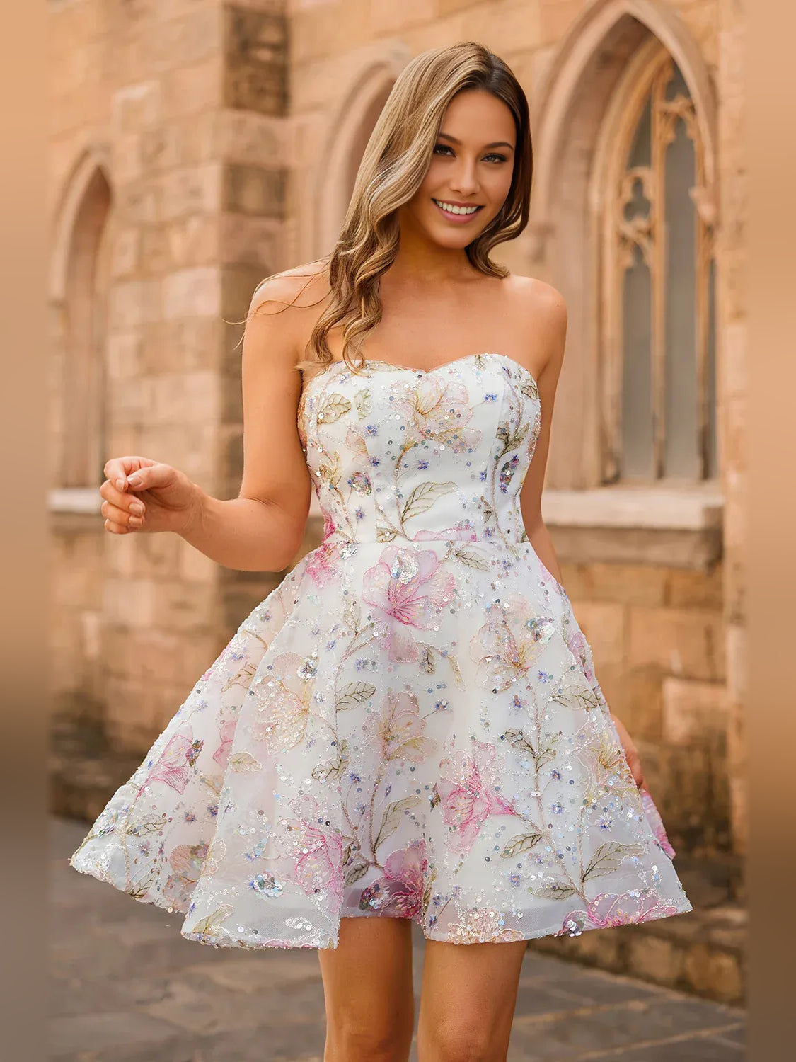 Strapless sweetheart mini A-line tulle dress with embroidered floral sequins in pink
