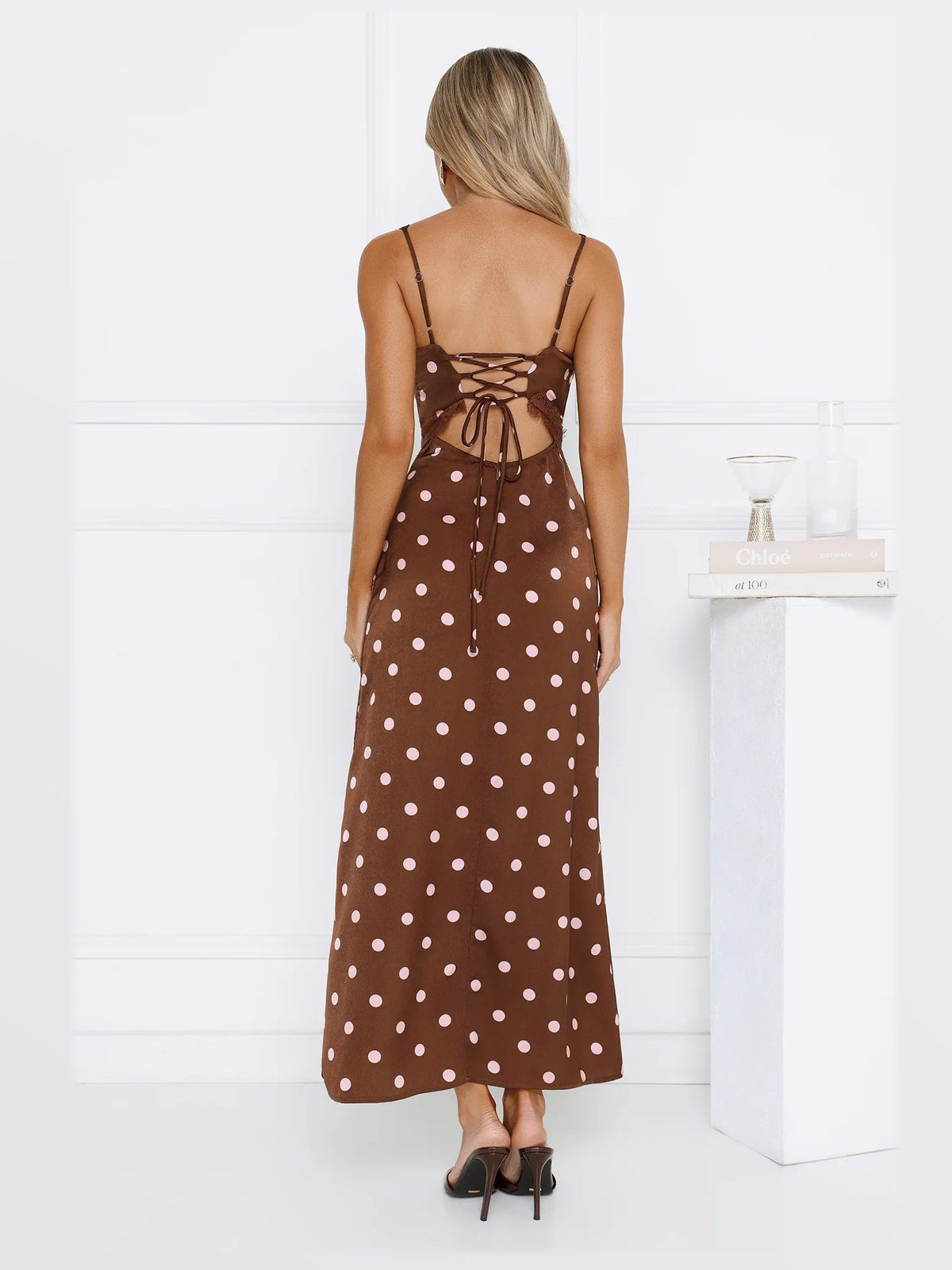 Brown maxi formal dress, back full-length view showing the bodice