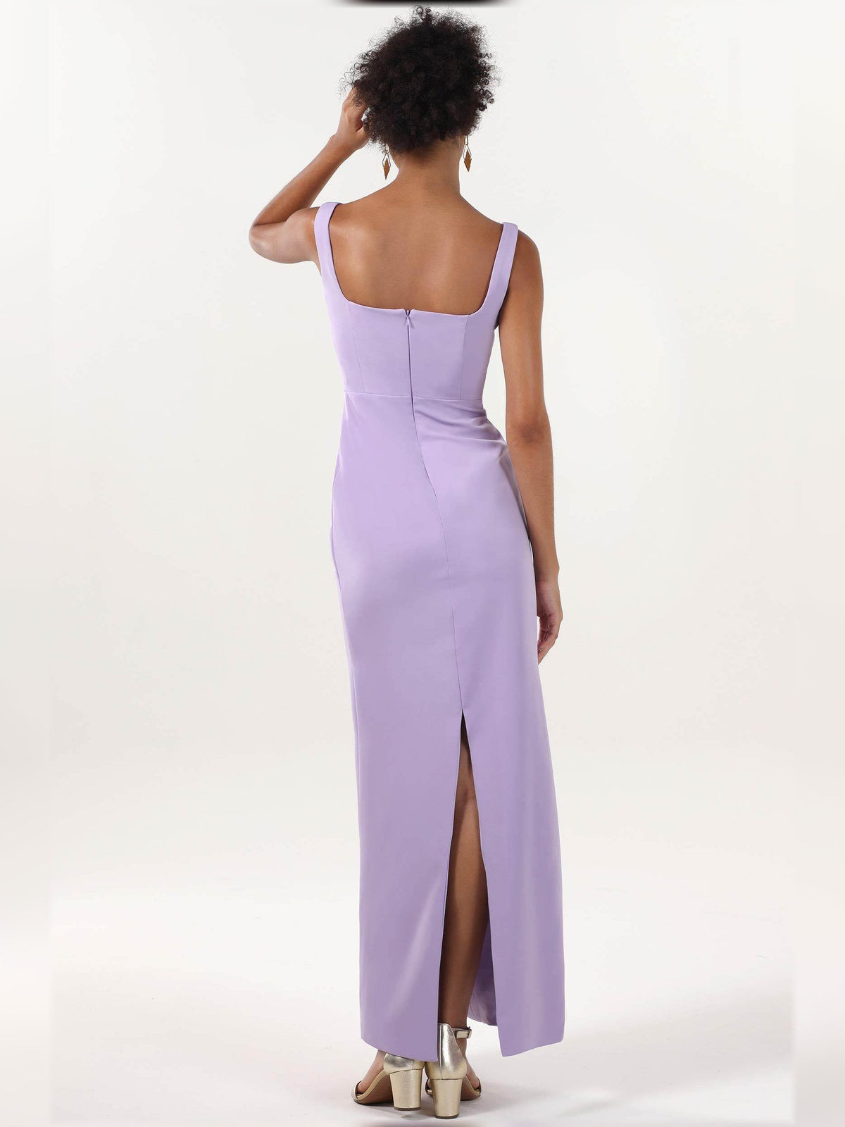 Lilac backless formal dress with beaded trim and long slit at the hem