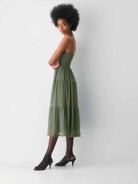 Gold midi formal dress with tiered skirt, alternate view