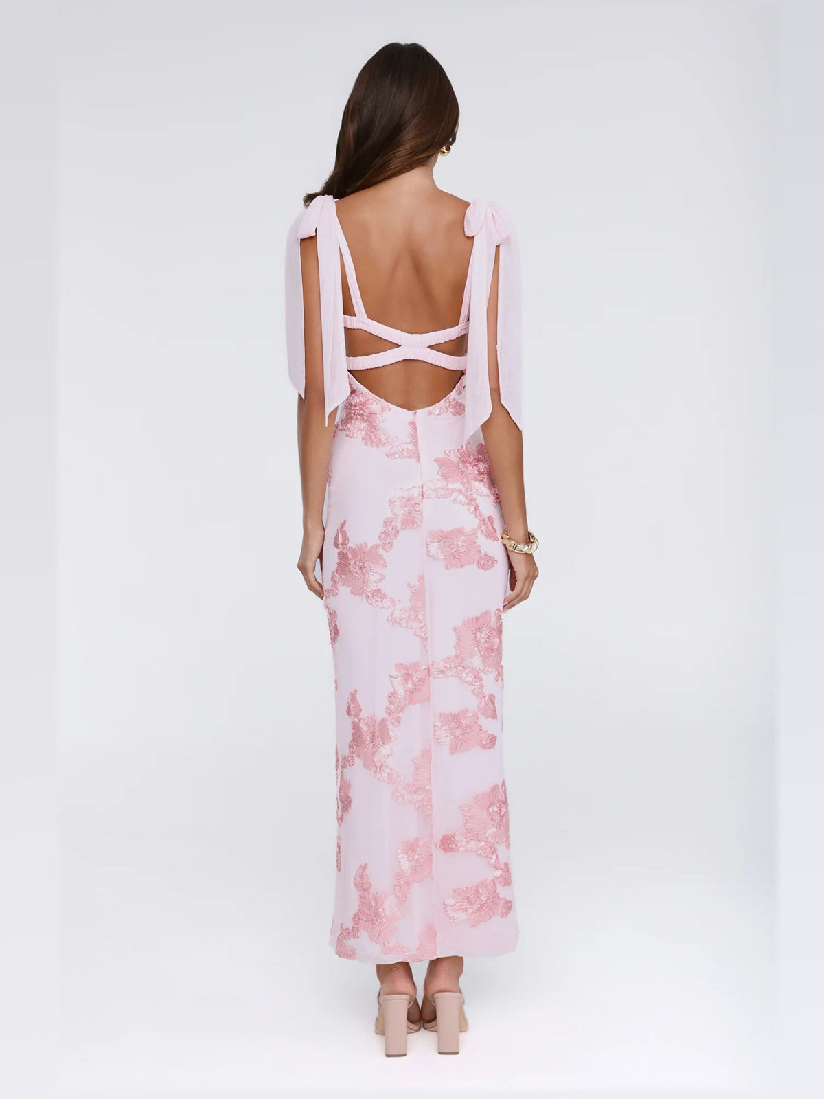 Pink maxi formal dress, back full-length view showing the bodice