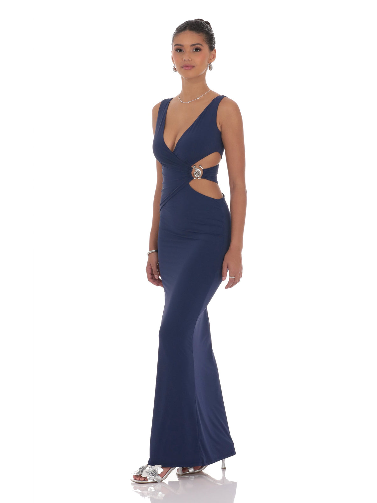 Navy sleeveless V-neck maxi dress with side cut-out and fitted A-line skirt