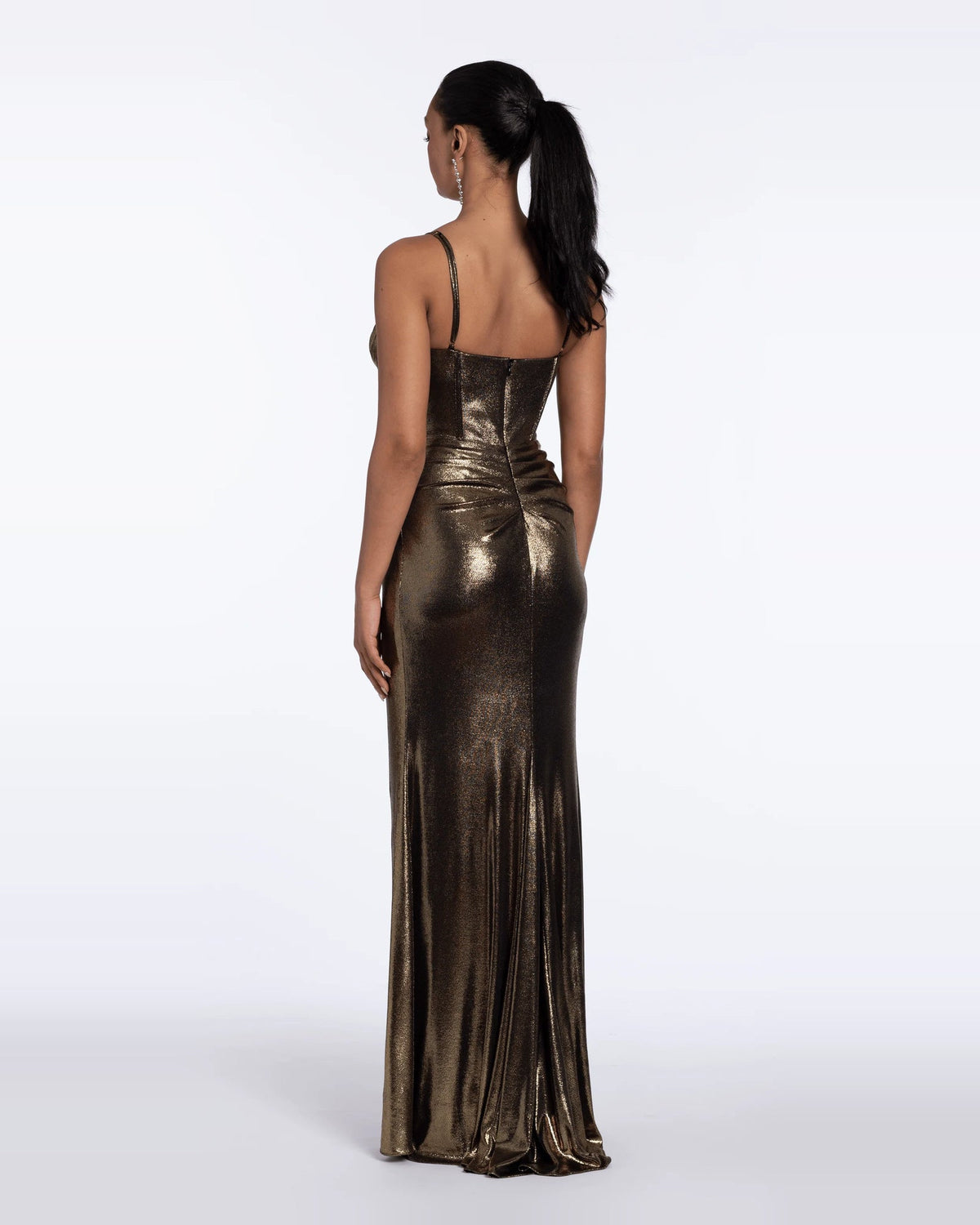 Gold ruched column maxi prom dress with open back and spaghetti straps