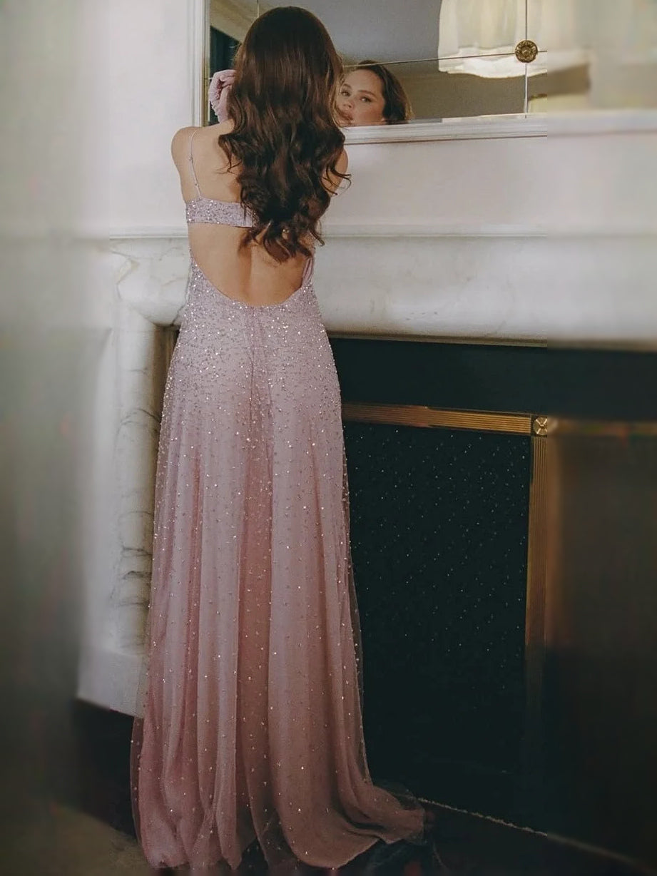 Dusty rose beaded tulle prom dress, A-line silhouette, back view with thin straps