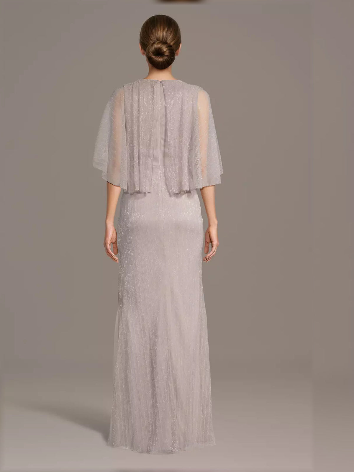 Blush pink A-line maxi dress, back view, ruched waist and sheer flutter sleeves