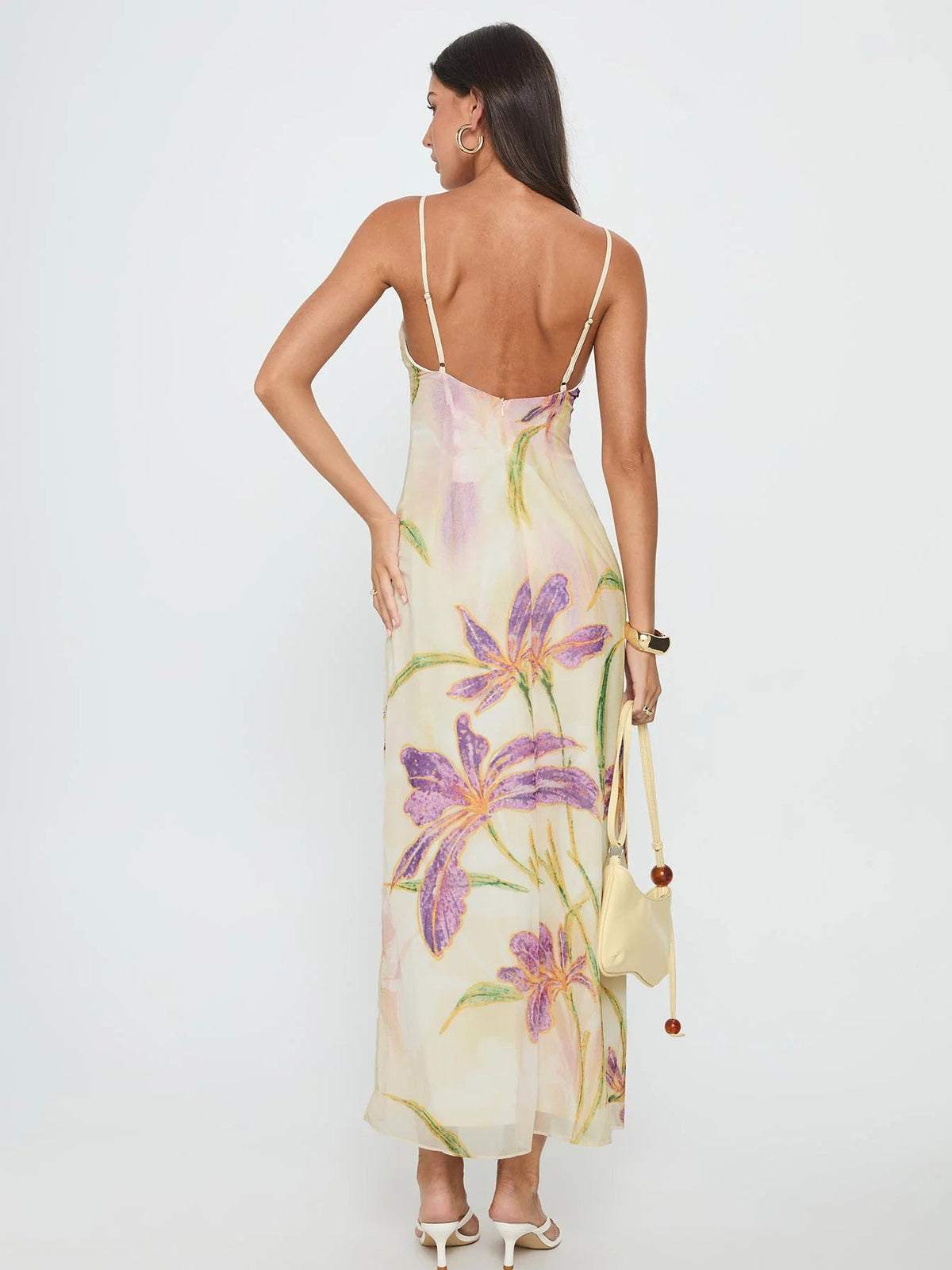 Ivory Pastel Floral Print sheath maxi formal dress with beading, full-length back view