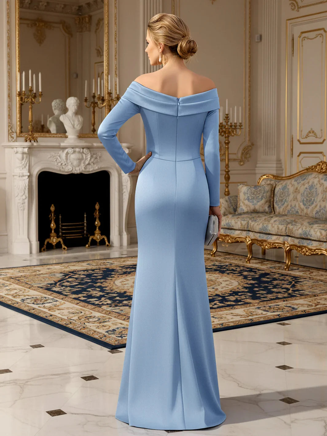 Sky blue off-shoulder A-line evening dress with low back detail, floor length