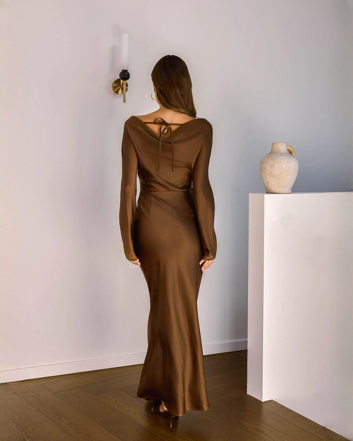 Chocolate brown satin maxi dress with open back and gathered tie straps