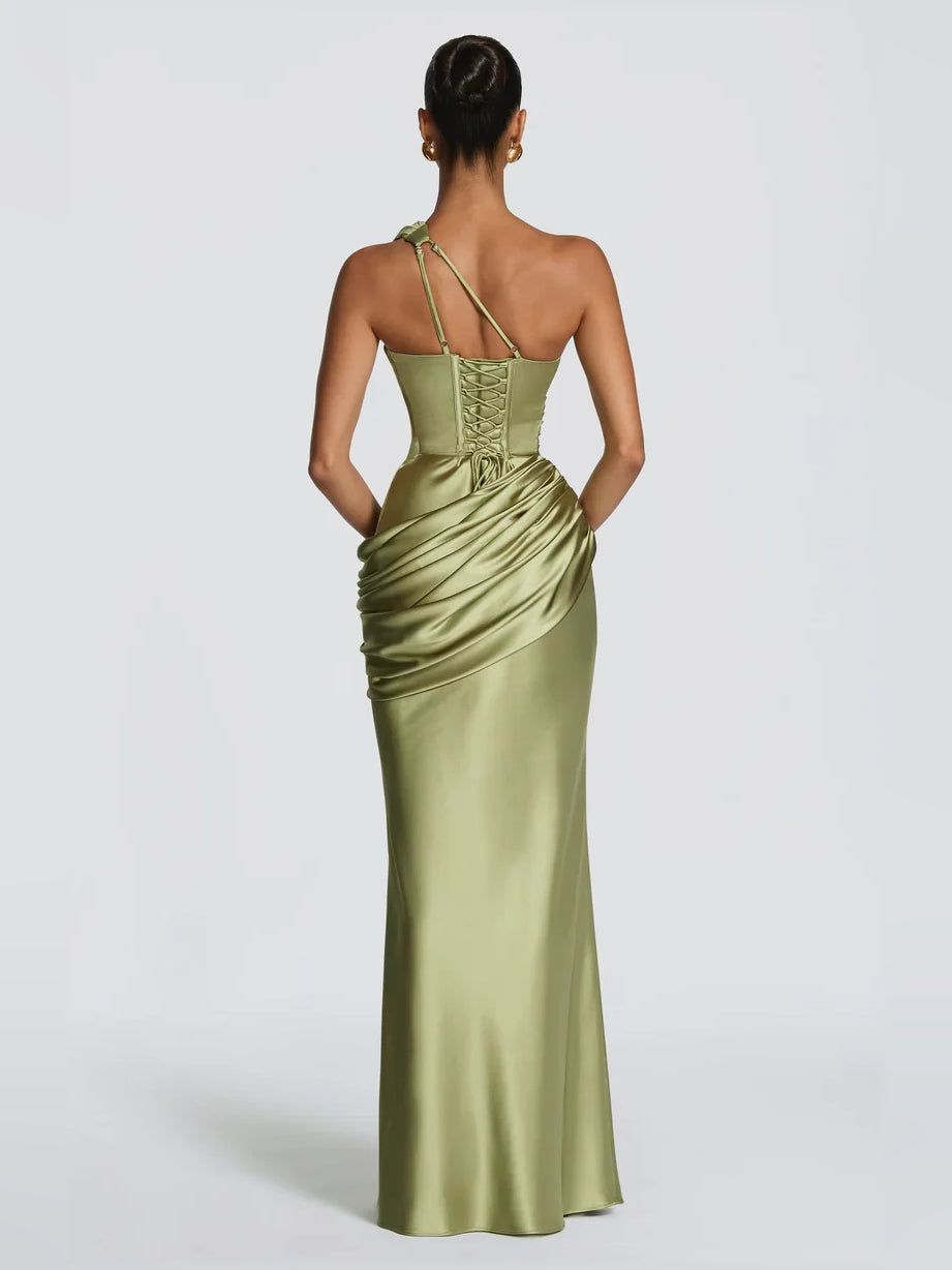 Olive one-shoulder corset dress, strappy back design with ruched drape
