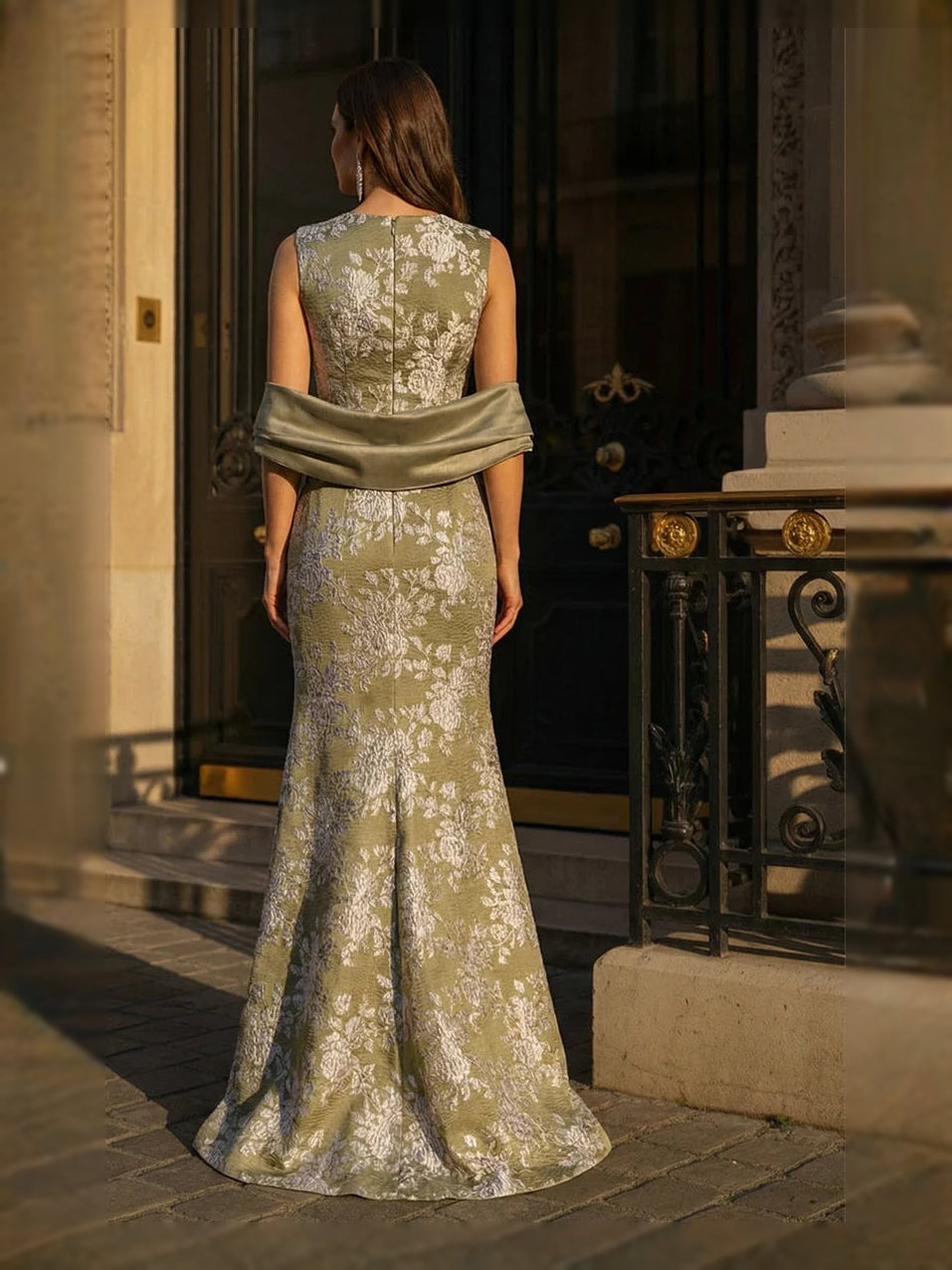 Back view of sage green floral mermaid evening dress with scoop neckline, floor length