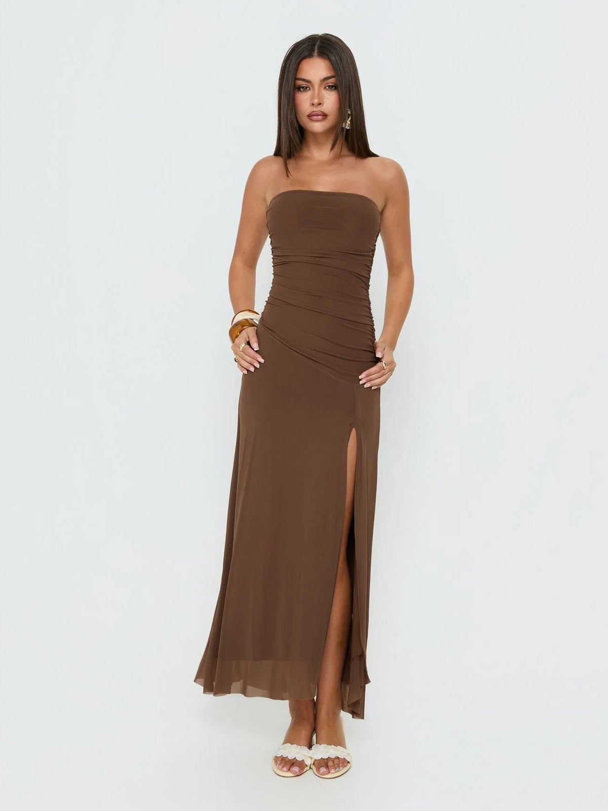 Mocha formal dress with strapless neckline