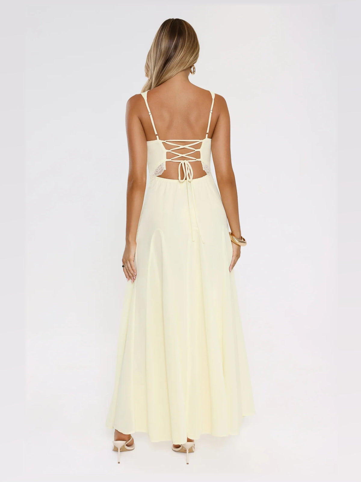 Yellow maxi formal dress, back full-length view showing the bodice