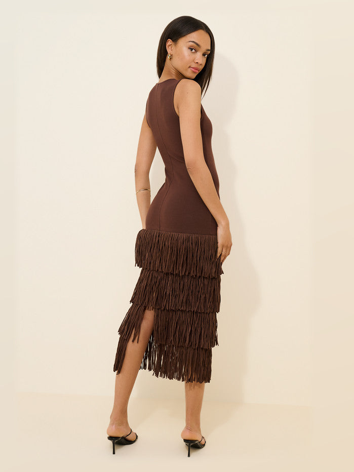 Chocolate Brown midi formal dress, back full-length view showing the bodice