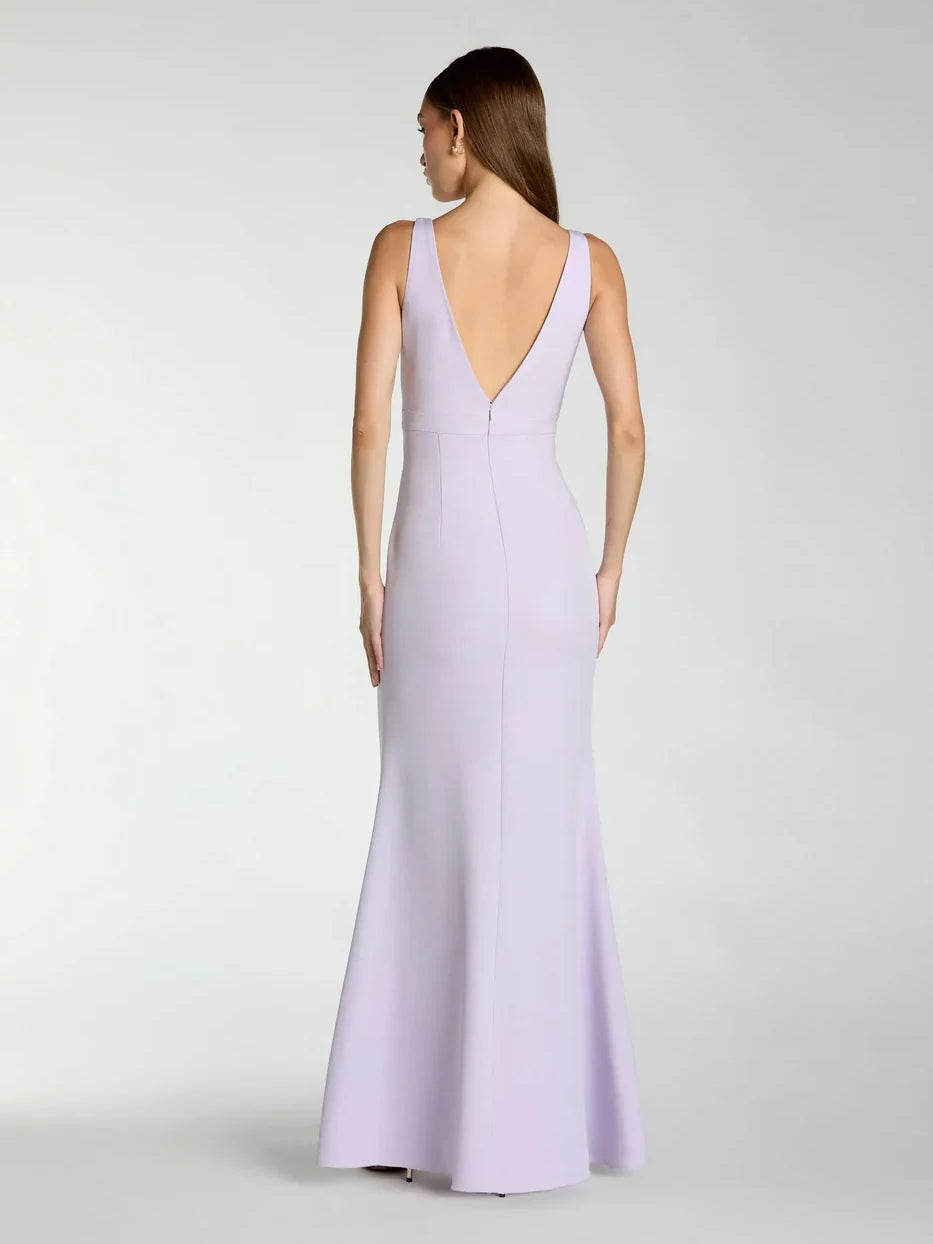 Lilac V-neck sleeveless mermaid formal dress, back view, floor length.